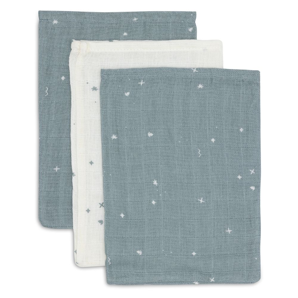 Set 3 museline din bumbac tip batistă de baie, Twinkling, Albastru cenușiu, Jollein, 20x15 cm
