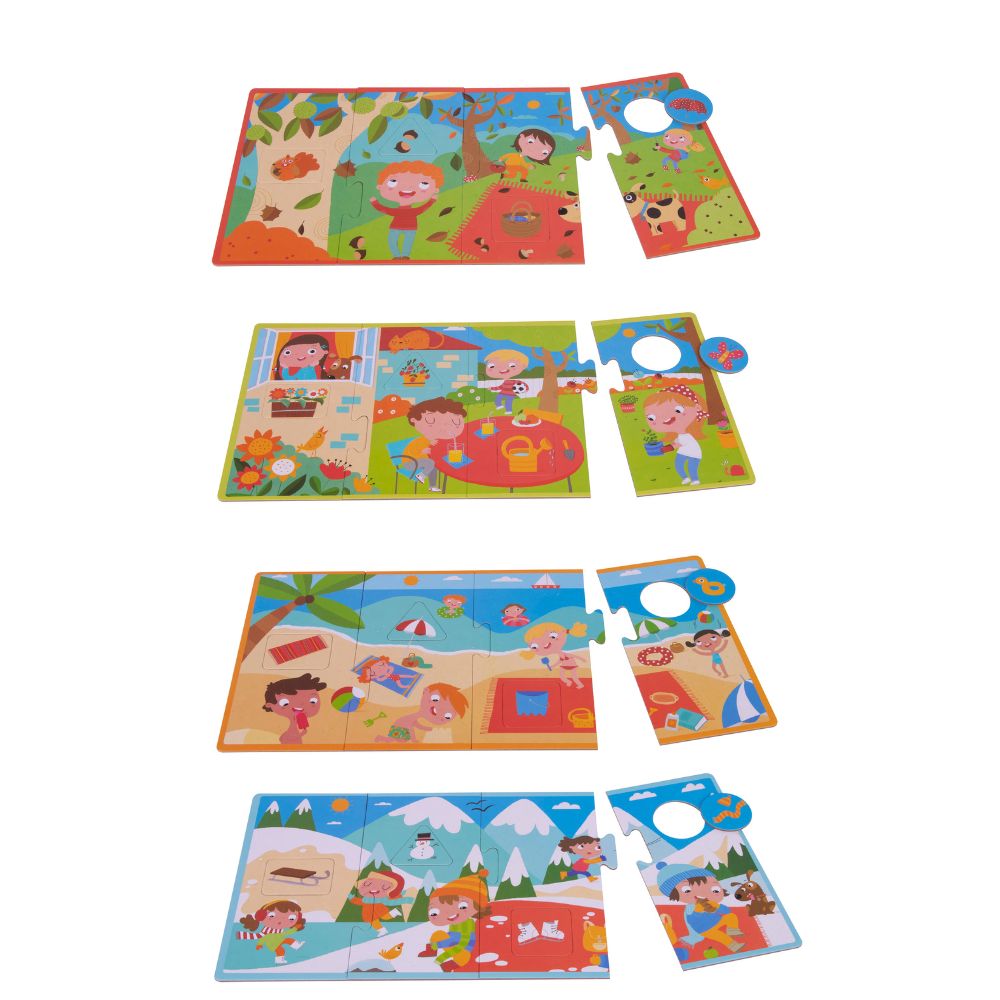 Set 4 puzzle-uri de asociere, Cele 4 anotimpuri, 36x18 cm, APLI, 3 ani+