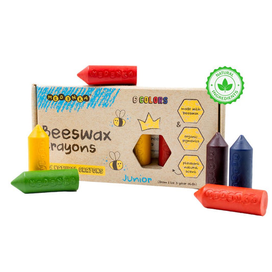 Set 6 Creioane colorate din ceară naturală de albine, JUNIOR, Medenka, 12 luni+