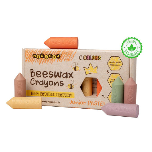 Set 6 Creioane colorate din ceară naturală de albine, JUNIOR Pastel, Medenka, 12 luni+