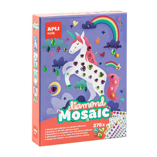 Set creativ cu 4 carduri, Unicorni, Mozaic 276 diamante, APLI, 4 ani+