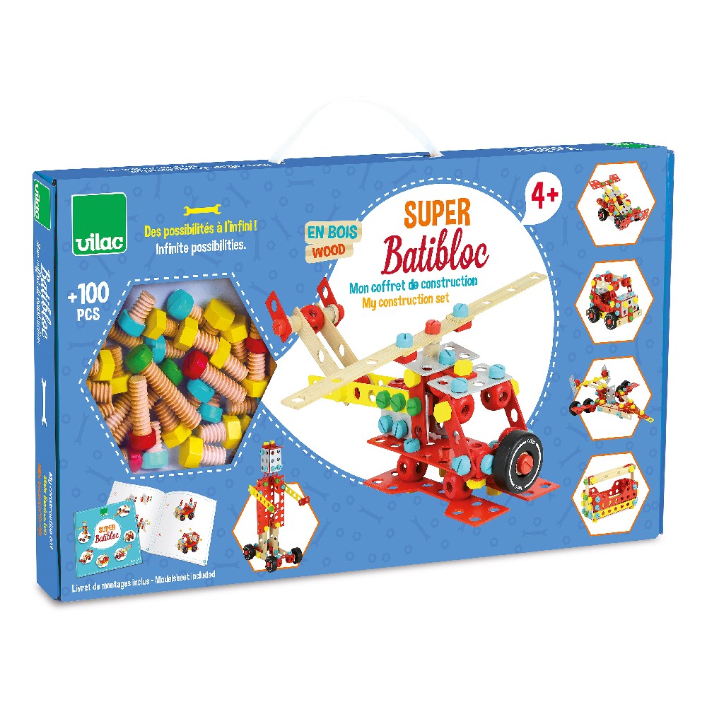 Set de construcție din lemn Super-Batibloc, Vilac, 100 piese, 4 ani+