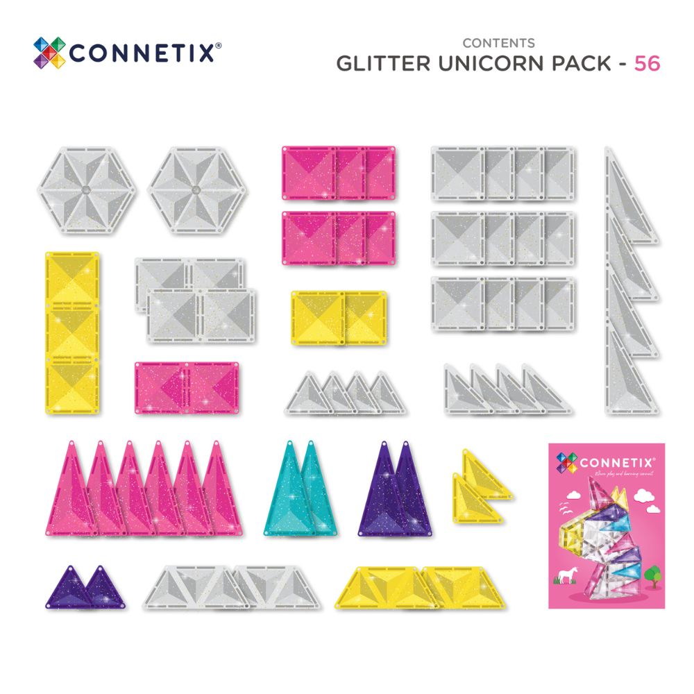 Set de construcție magnetic, Glitter Unicorn Pack, Connetix Tiles, 56 piese, 3 ani+