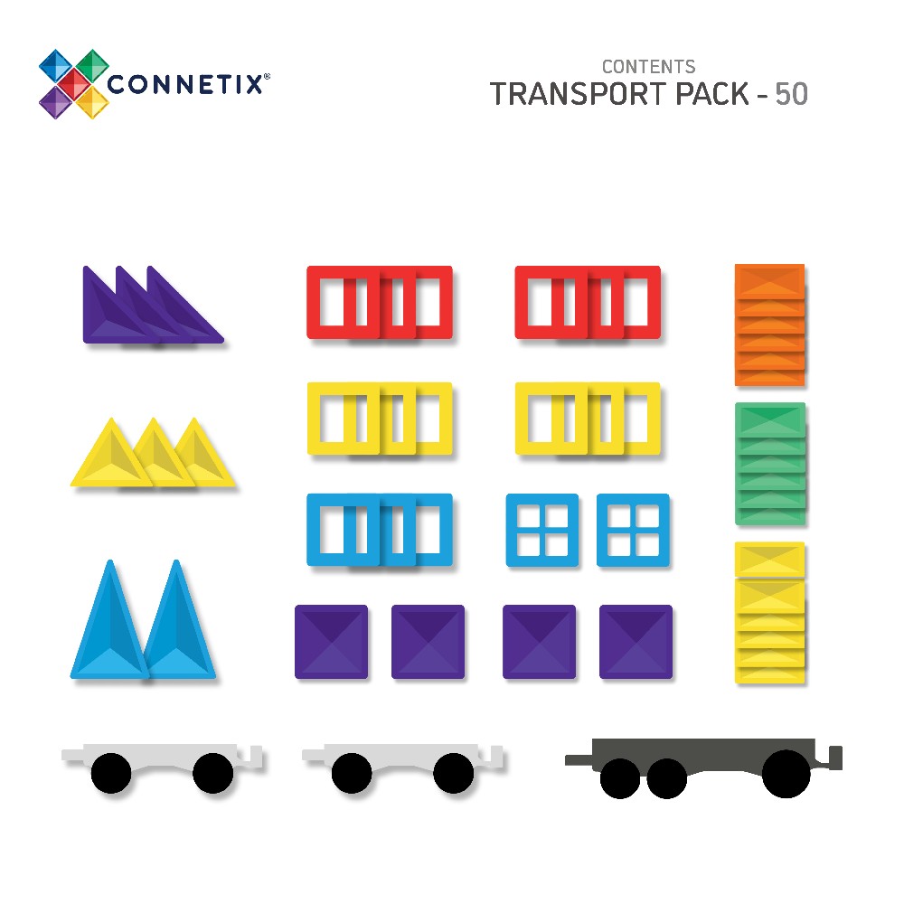 Set de construcție magnetic, Rainbow Transport Pack, Connetix Tiles, 50 piese, 3 ani+