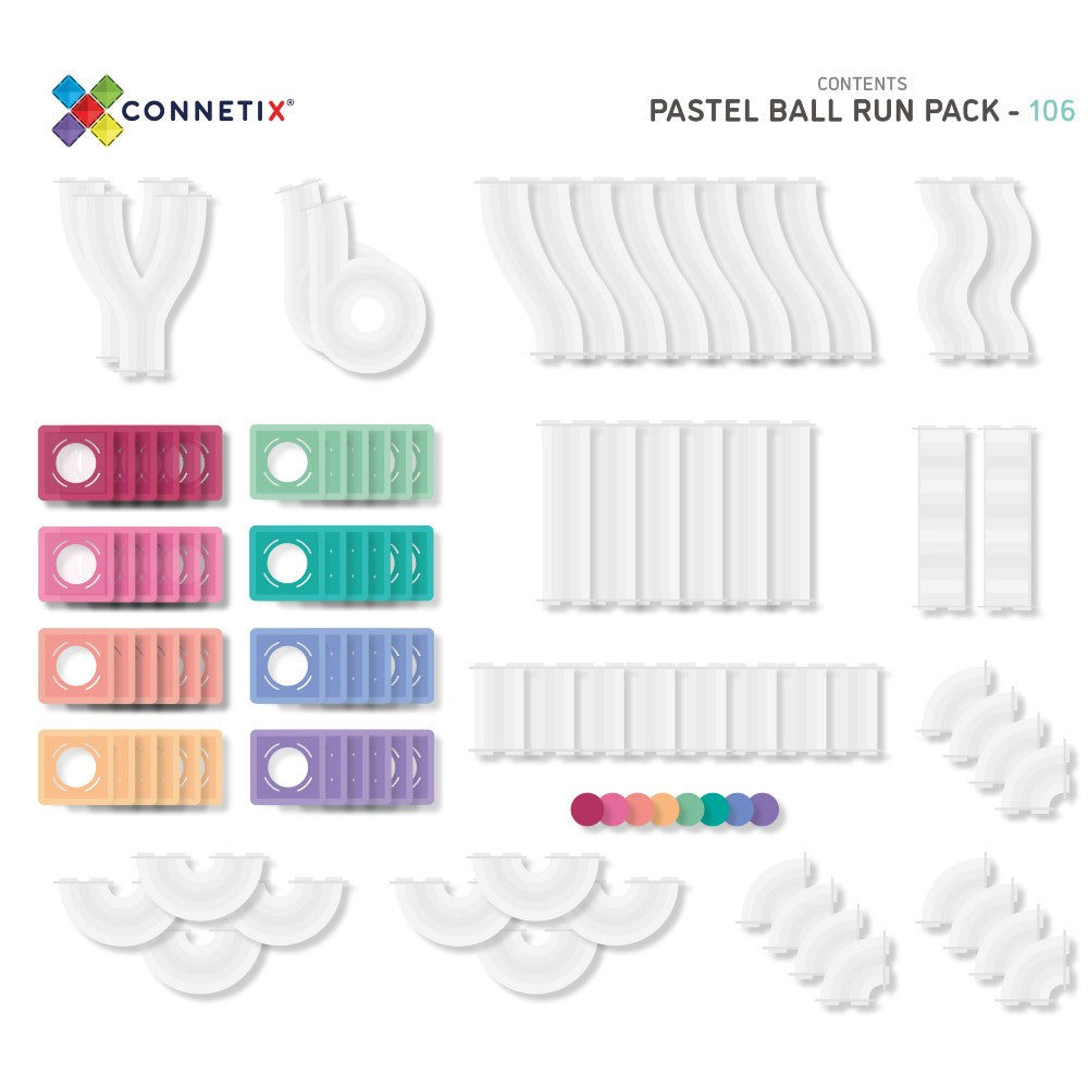 Set de constucție magnetic, Pastel Ball Run Pack, Connetix Tiles, 106 piese, 3 ani+