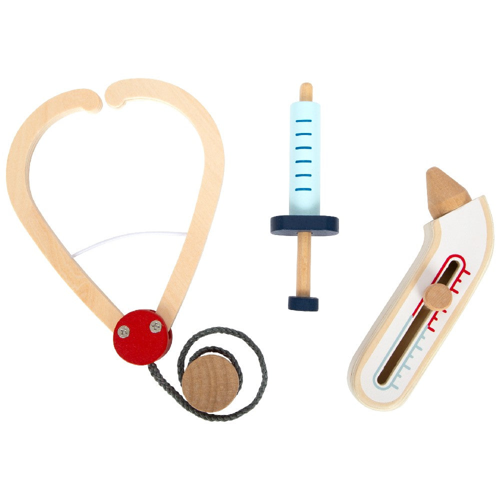Set de joacă de doctor, Halat cu accesorii din lemn, Small Foot, 4 piese, 3 ani+