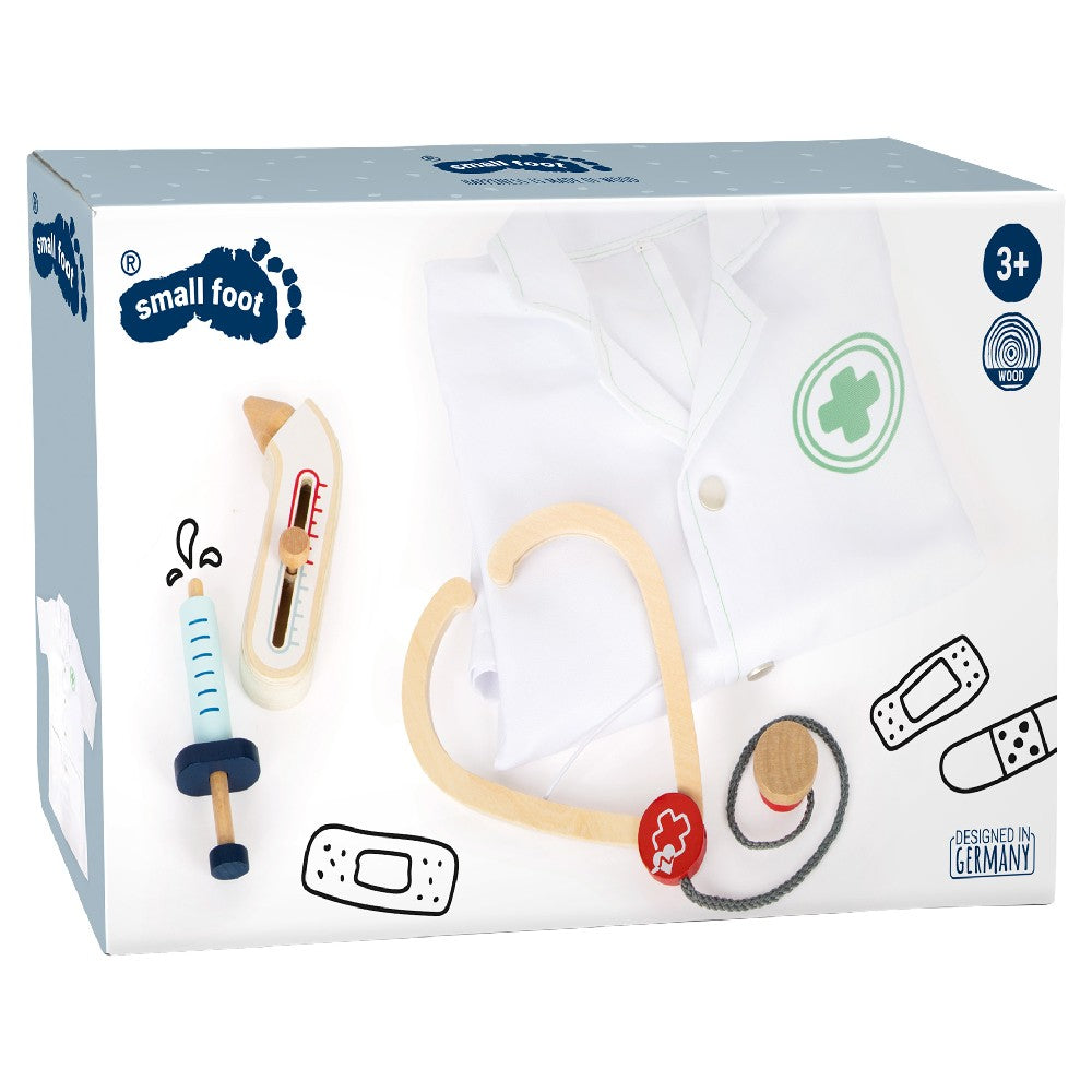 Set de joacă de doctor, Halat cu accesorii din lemn, Small Foot, 4 piese, 3 ani+