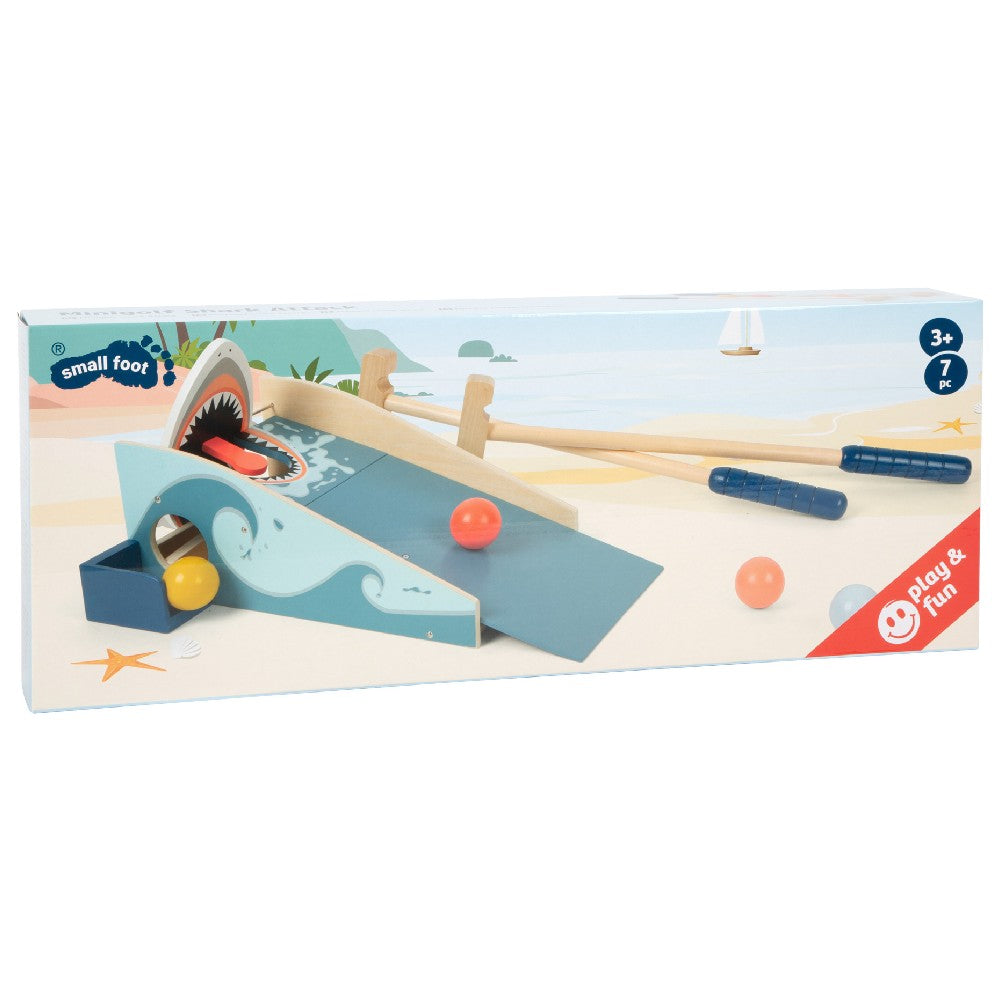 Set de joacă din lemn Minigolf, Atacul rechinului, Small Foot, 7 piese, 3 ani+