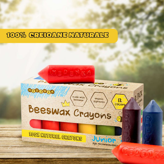 Set 12 Creioane colorate din ceară naturală de albine, JUNIOR, Medenka, 12 luni+