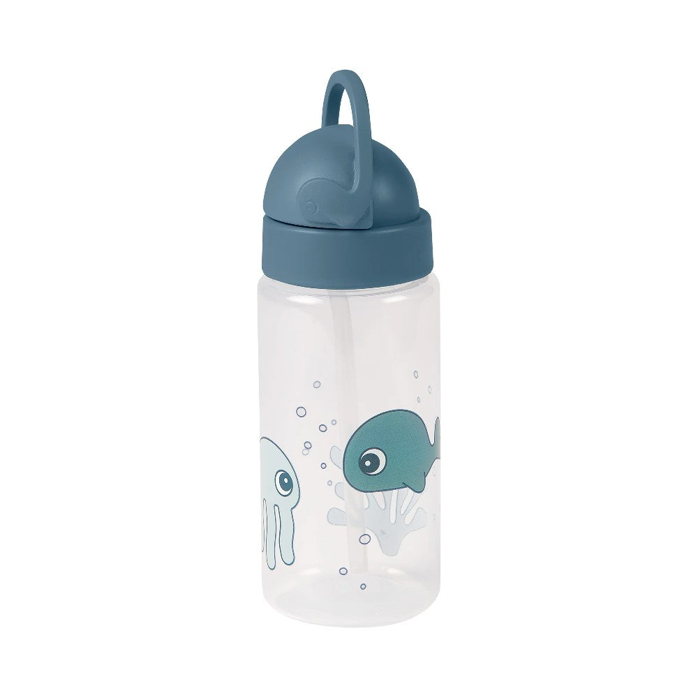 Sticlă de apă cu pai pentru copii, Done by Deer, Sea Friends, Albastru, 350 ml, 6 luni+