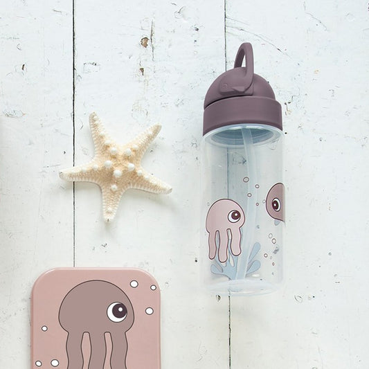 Sticlă de apă cu pai pentru copii, Done by Deer, Sea Friends, Marsala, 350 ml, 6 luni+
