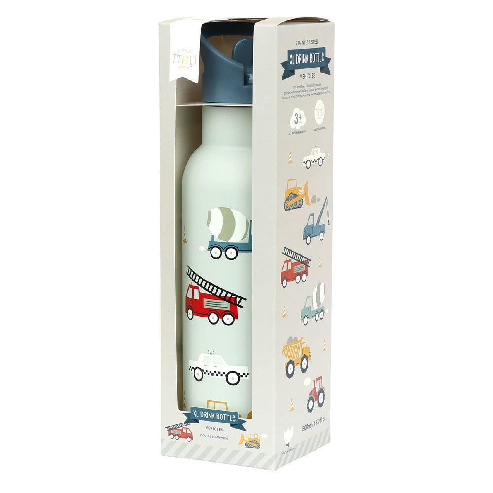 Sticlă de apă XL copii din oțel inoxidabil, Vehicule, A Little Lovely Company, 500 ml, 6 luni+