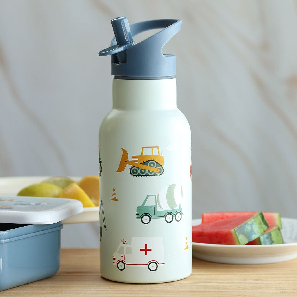 Sticlă de apă copii din oțel inoxidabil, Vehicule, A Little Lovely Company, 350 ml, 6 luni+