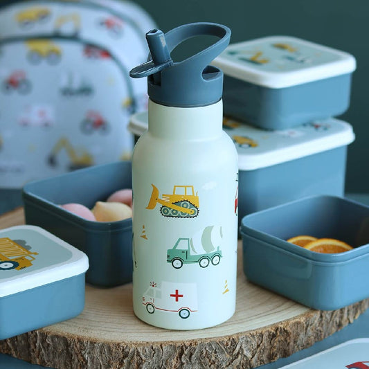 Sticlă de apă copii din oțel inoxidabil, Vehicule, A Little Lovely Company, 350 ml, 6 luni+