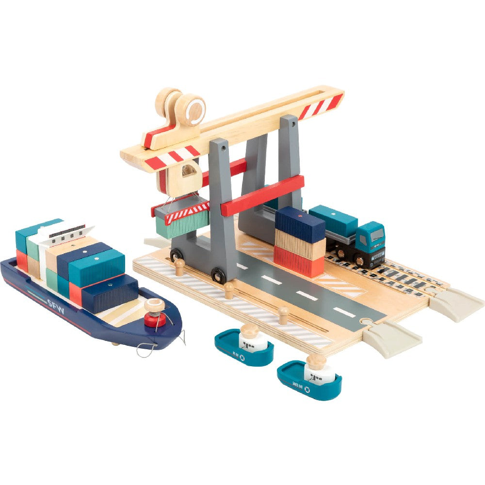 Terminal de mărfuri cu Vapor Cargo și accesorii din lemn, Small Foot, 29 piese, 3 ani+