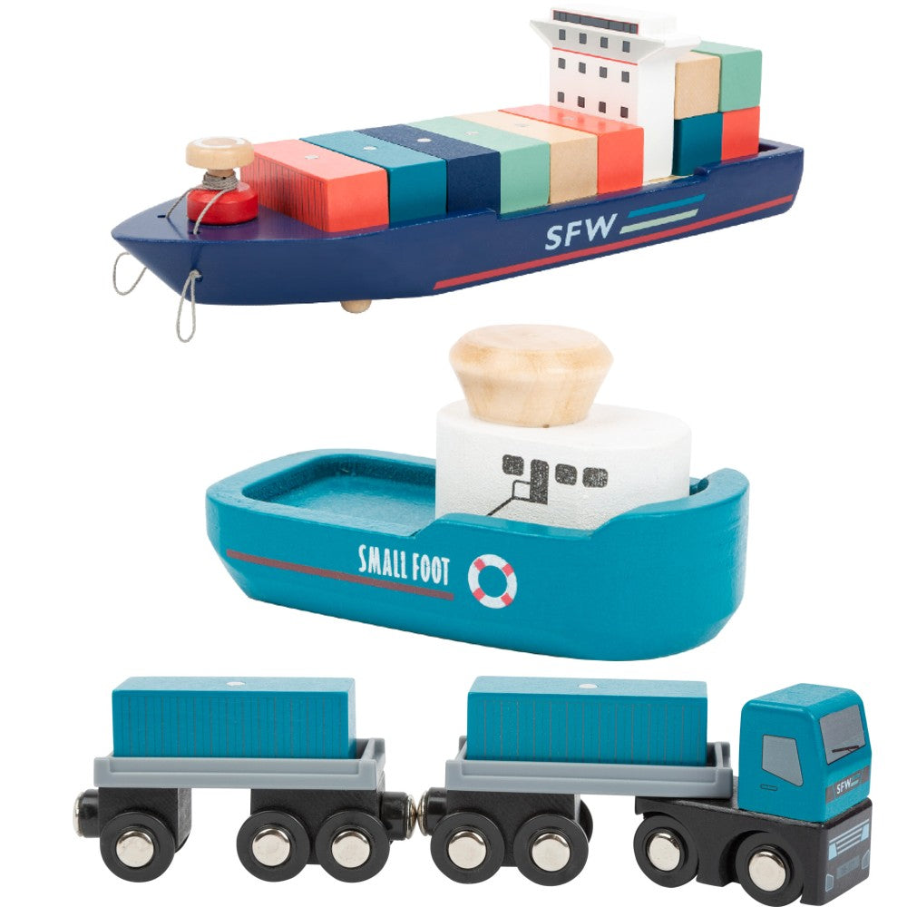 Terminal de mărfuri cu Vapor Cargo și accesorii din lemn, Small Foot, 29 piese, 3 ani+