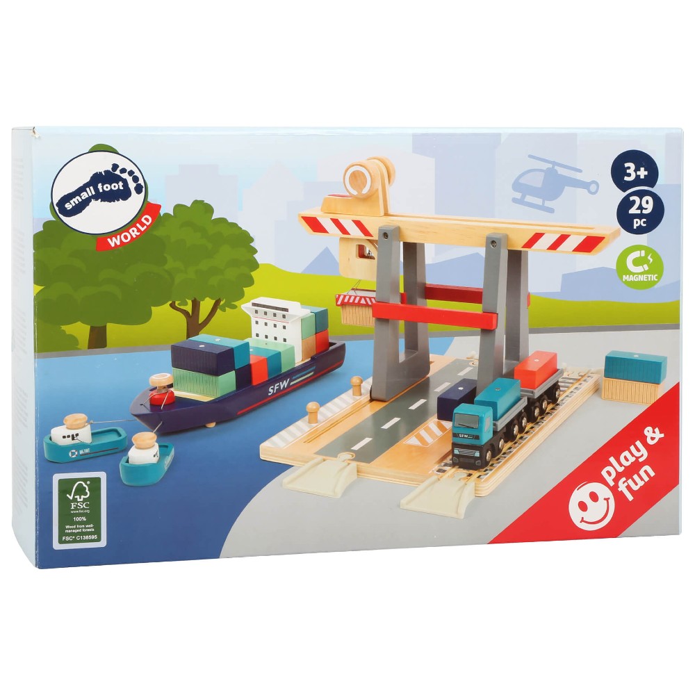Terminal de mărfuri cu Vapor Cargo și accesorii din lemn, Small Foot, 29 piese, 3 ani+