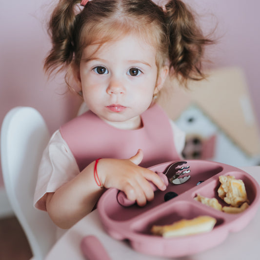 Set diversificare farfurie silicon cu tacâmuri și bavetă, Elpi, Flamingo, 4 piese, 6 luni+