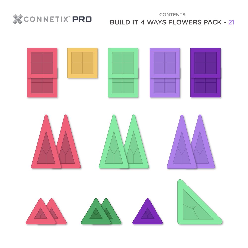 Cele 21 de piese incluse în Connetix PRO Flowers