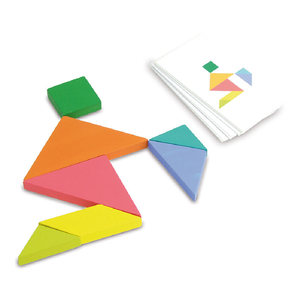 Joc educativ Tangram, Puzzle dublu din lemn, Vilac, 100 piese, 5 ani+