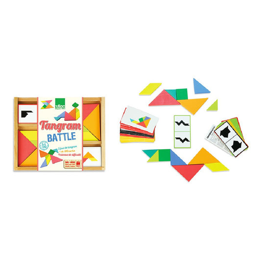 Joc educativ Tangram, Puzzle dublu din lemn, Vilac, 100 piese, 5 ani+