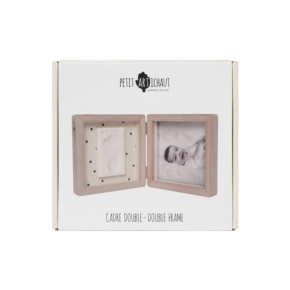 Ramă dublă din lemn cu fotografie și amprentă bebeluș, Pretty Hearts, Petit Artichaut