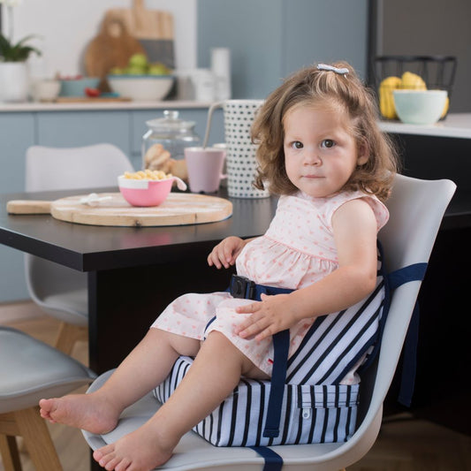 Scaun portabil de masă bebelusi, Easy Up-Blue Stripes, Baby To Love, 6 luni+