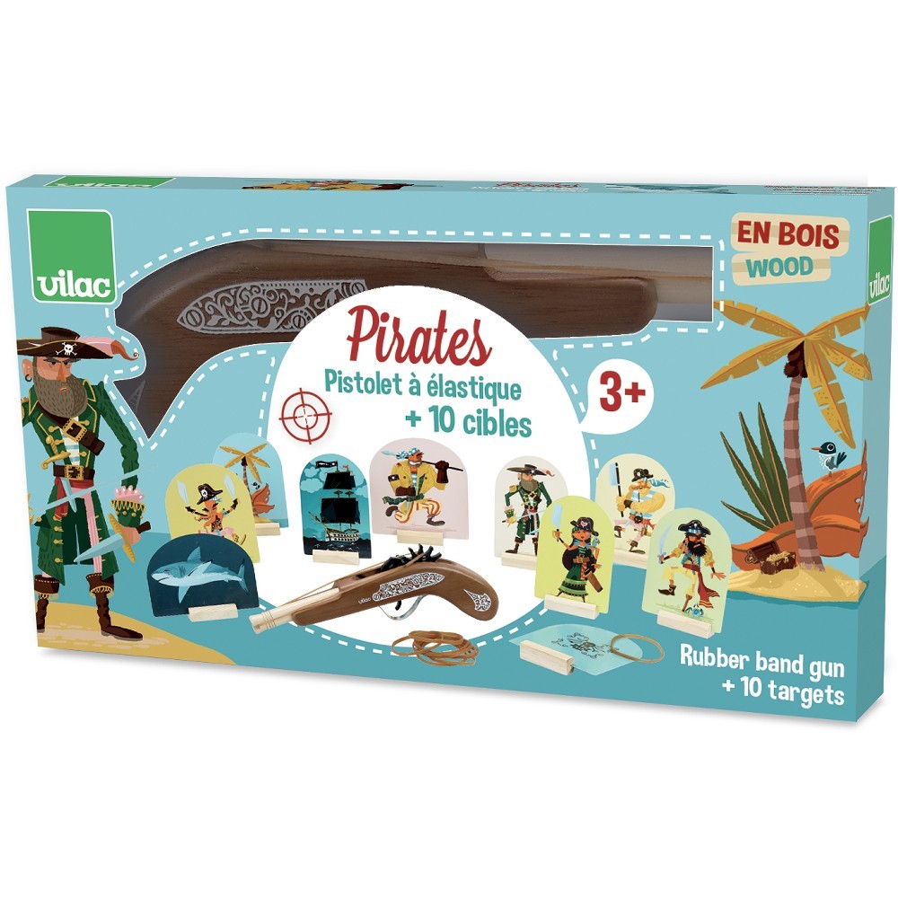 Pistol de pirat cu elastic și 10 accesorii, Vilac, 3 ani+