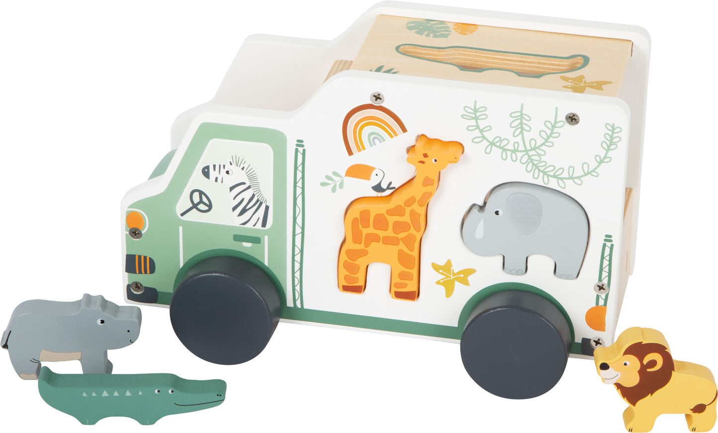 Masinuță sortare forme cu animale din lemn, Small Foot, Safari, 12 luni+