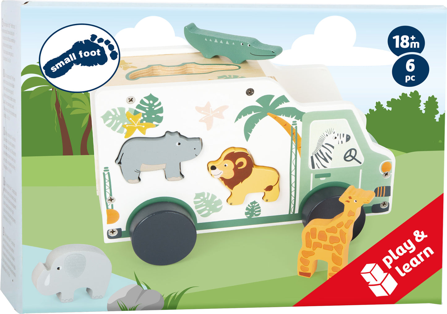 Masinuță sortare forme cu animale din lemn, Small Foot, Safari, 12 luni+