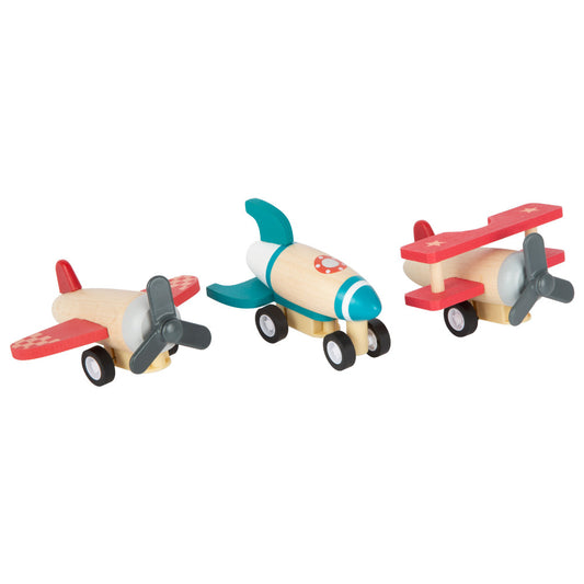Set 3 avioane din lemn, Small Foot, Pull-Back, 12 luni+