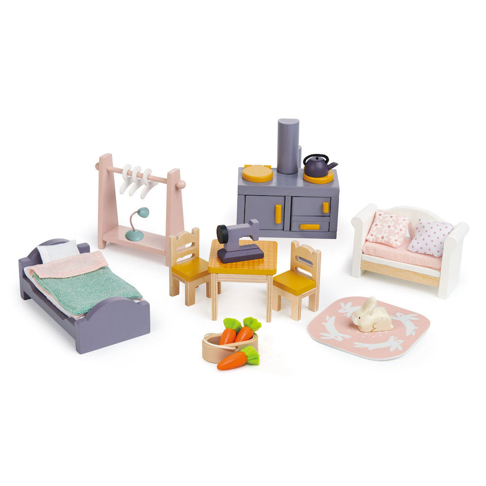 Căsuță de păpuși din lemn cu accesorii, Tender Leaf, Cottontail Cottage, 3 ani+