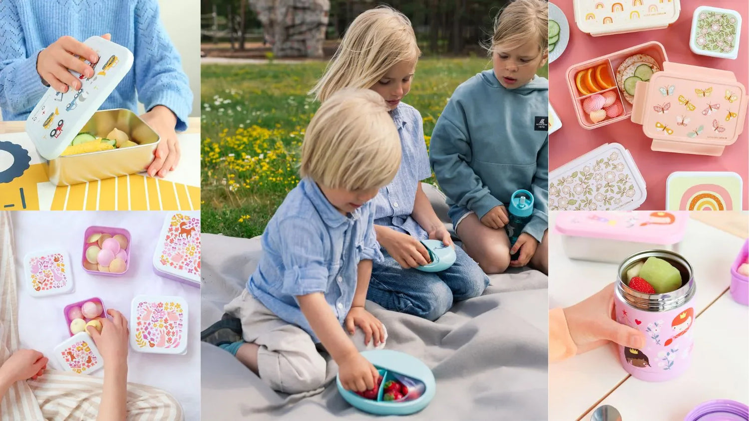 Colaj cu copii, caserole compartimentate, lunch box-uri și cutii pentru gustări