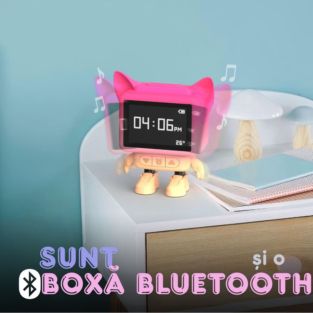 Ceas cu alarmă interactiv și boxă portabilă, Dancing Clock, Roz, MOB Paris