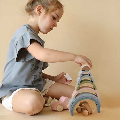 Jucărie educativă pentru bebeluși, Curcubeu din silicon, 8 piese, 6 luni+