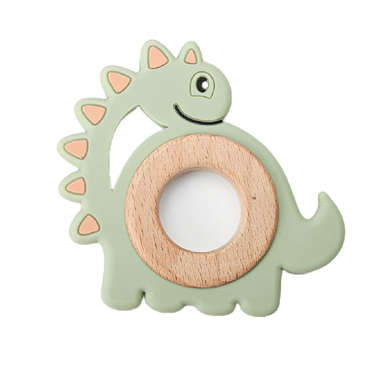 Jucărie dentiție din lemn și silicon, Dinozaur, Verde, 3 luni+