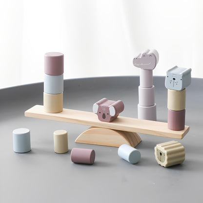 Jucărie de stivuire și echilibru din lemn, Montessori, cu 18 de piese, 3 ani+