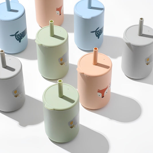 Pahar din silicon cu pai si capac anti-scurgere pentru copii, Elfy, Gri, 150 ml, 6 luni+