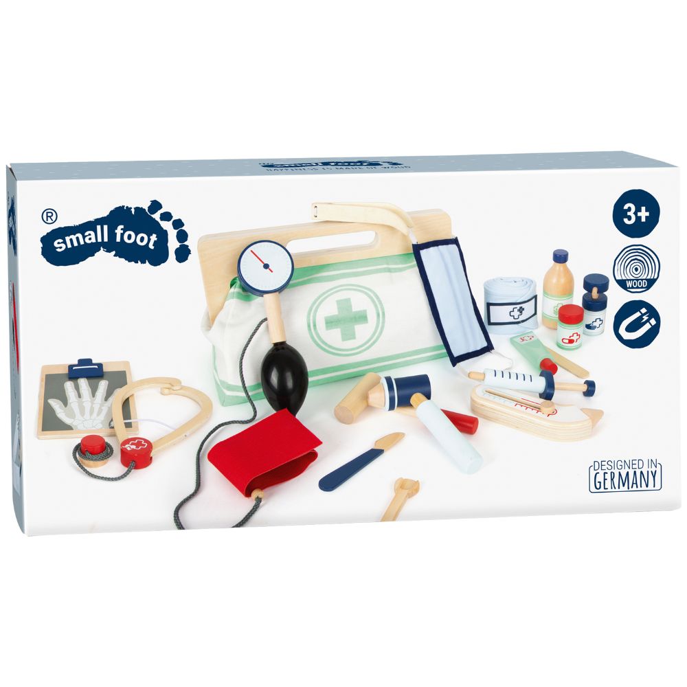 Geantă de doctor cu accesorii din lemn, Small Foot, 18 piese, 3 ani+