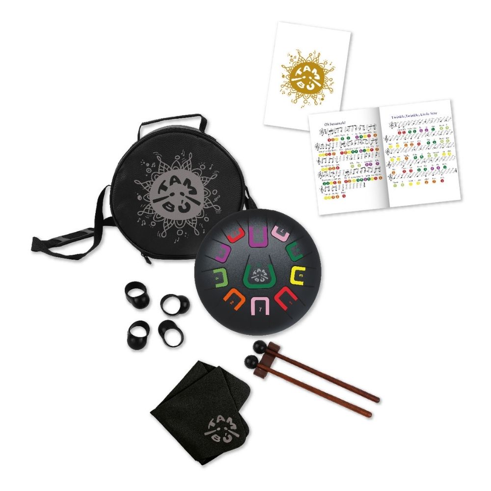Instrument muzical copii-Tobă metalică, TAMBÚ, Negru, JuegaConmigo, 8"
