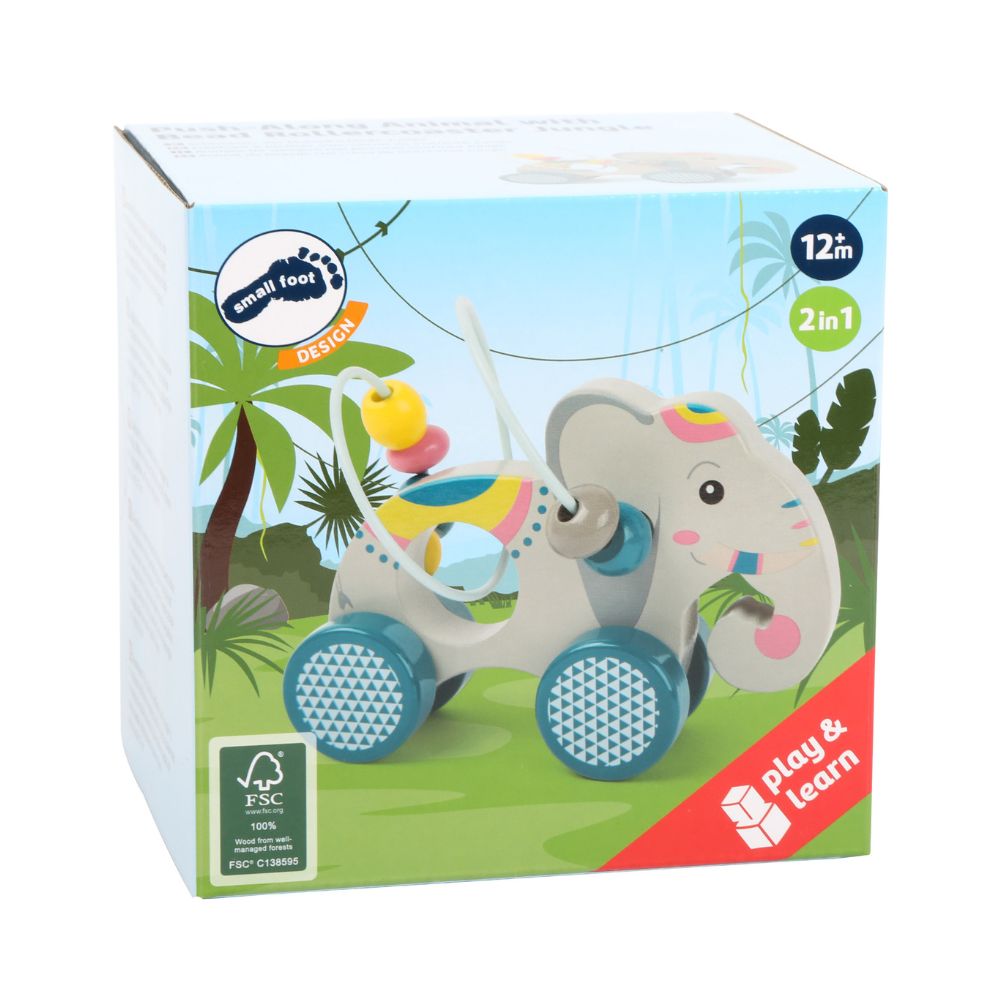 Jucărie de tras, Elefant din lemn FSC® cu labirint de bile, Jungle, Small Foot, 1 an+