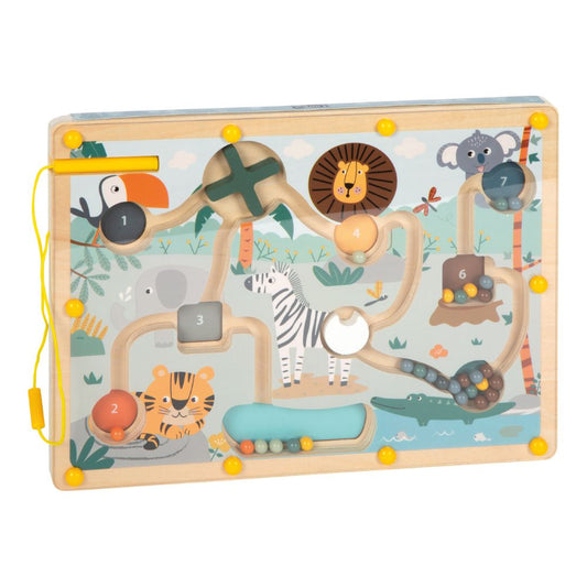 Labirint Magnetic din Lemn, Joc educativ cu bile colorate și obstacole, Safari, Small Foot