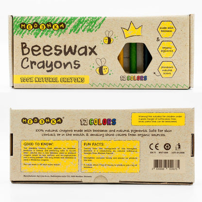 Set 12 Creioane colorate din ceară naturală de albine, CLASIC, Medenka, 3 ani+