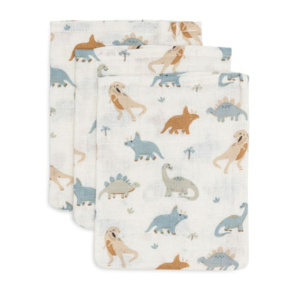 Set 3 museline din bumbac tip mănușă de baie, Roarsome, Jollein, 20x15 cm