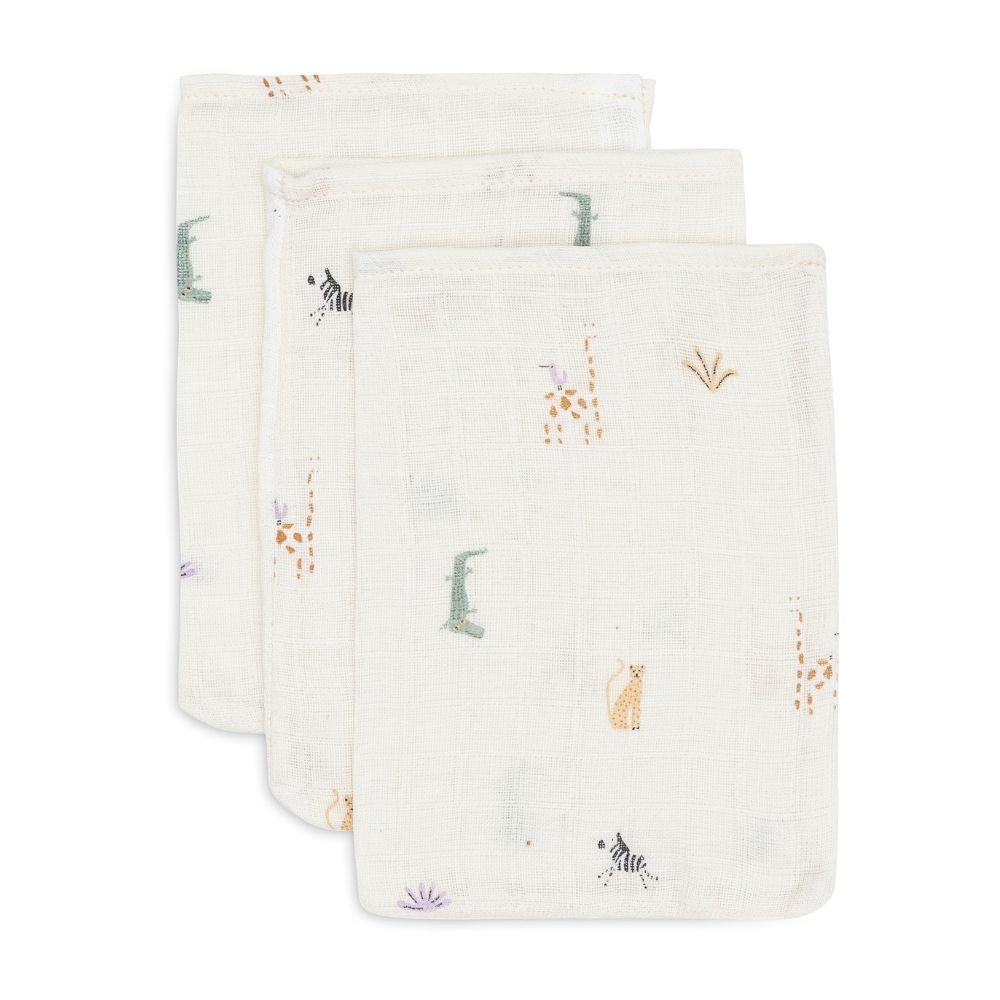 Set 3 museline din bumbac tip mănușă de baie, Jungle Jambo, Jollein, 20x15 cm