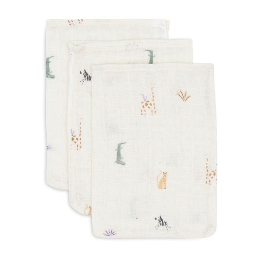 Set 3 museline din bumbac tip mănușă de baie, Jungle Jambo, Jollein, 20x15 cm