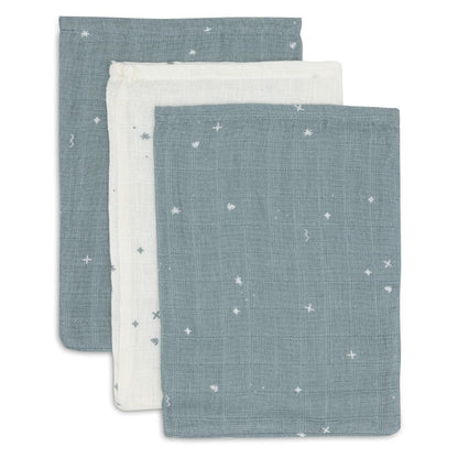 Set 3 museline din bumbac tip batistă de baie, Twinkling, Albastru cenușiu, Jollein, 20x15 cm