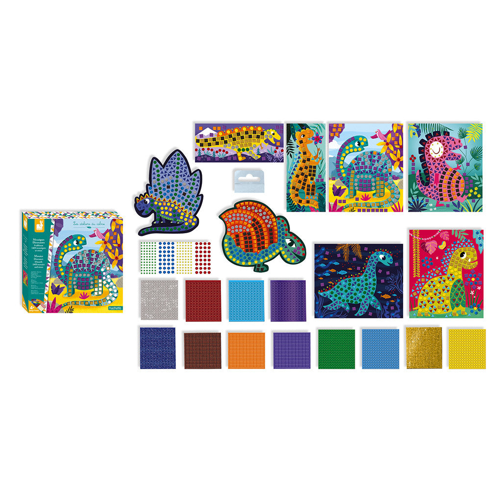 Set creativ cu 8 carduri, Dinozauri, Mozaic, Janod, 4 ani+