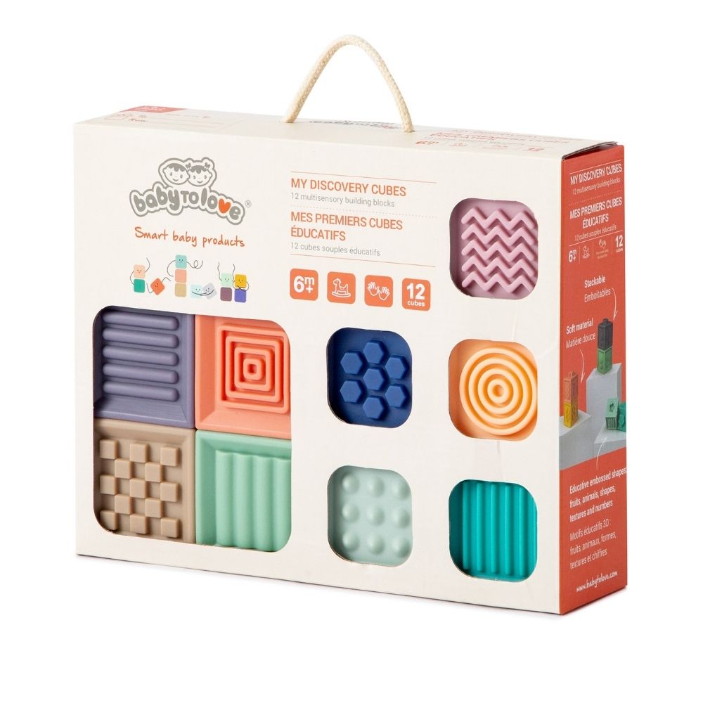 Set de 12 cuburi moi din silicon, educative cu animale, fructe, forme și numere, pentru bebeluși, Baby To Love, 6 luni+