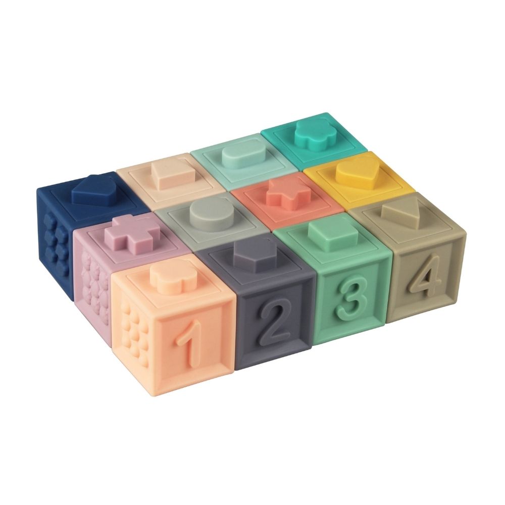 Set de 12 cuburi moi din silicon, educative cu animale, fructe, forme și numere, pentru bebeluși, Baby To Love, 6 luni+